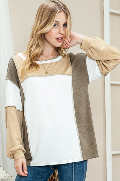 Khaki Color Block Exposed Seam Long Sleeve T Shirt
