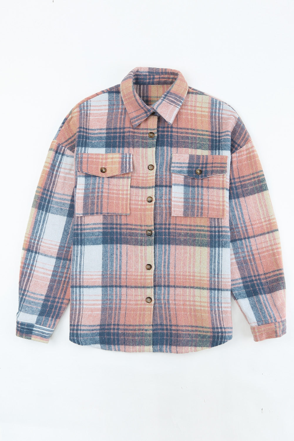 Pink and Grey Plaid Button Up Collar Flannel Shacket