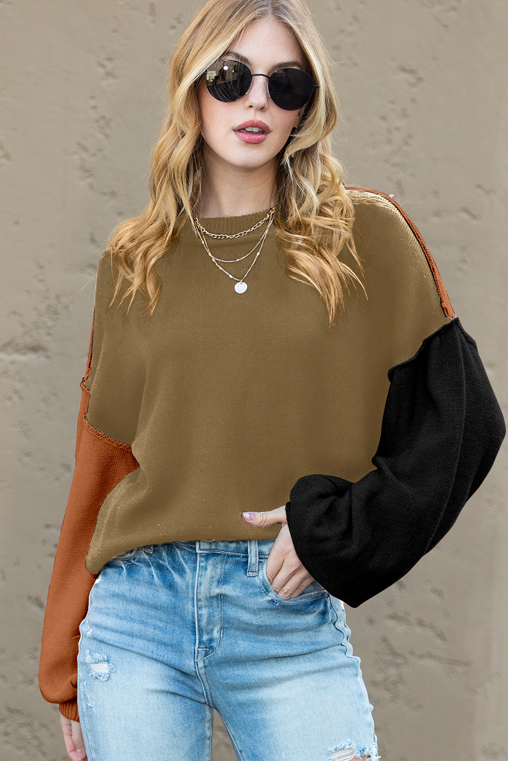 Brown Colorblock Bishop Sleeve Exposed Seam Ribbed Trim Sweater