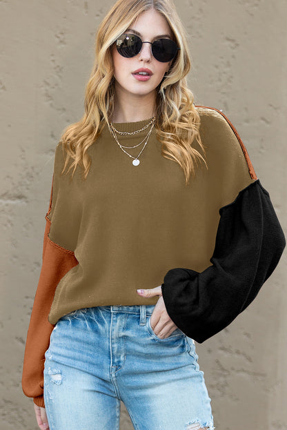Brown Colorblock Bishop Sleeve Exposed Seam Ribbed Trim Sweater