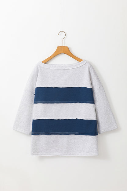 Sail Blue Striped Patchwork Raw Edge Sweatshirt
