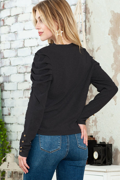 Gray Basic Buttoned Puff Long Sleeve Sheath Top