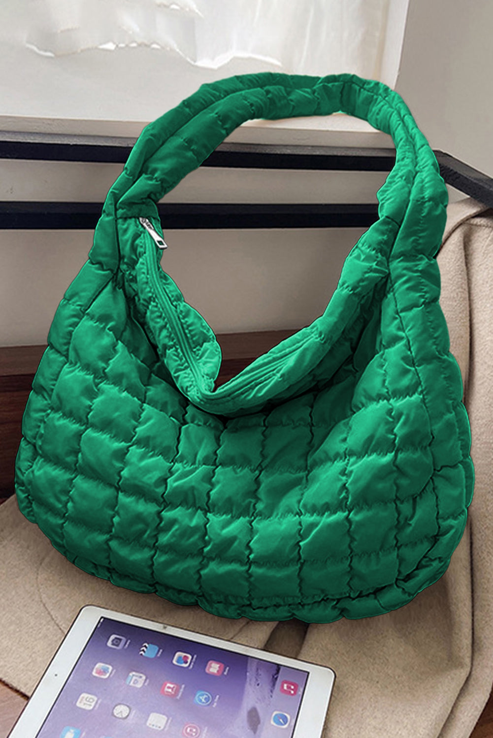 Coffee Casual Quilted Zipper Large Shoulder Bag