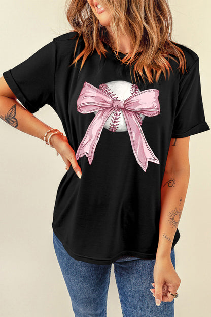 Black Baseball Bow Knot Graphic Crew Neck T Shirt
