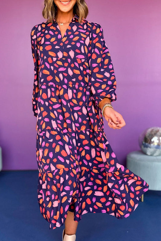 Purple Floral Print Collared Tiered Flowy Long Dress