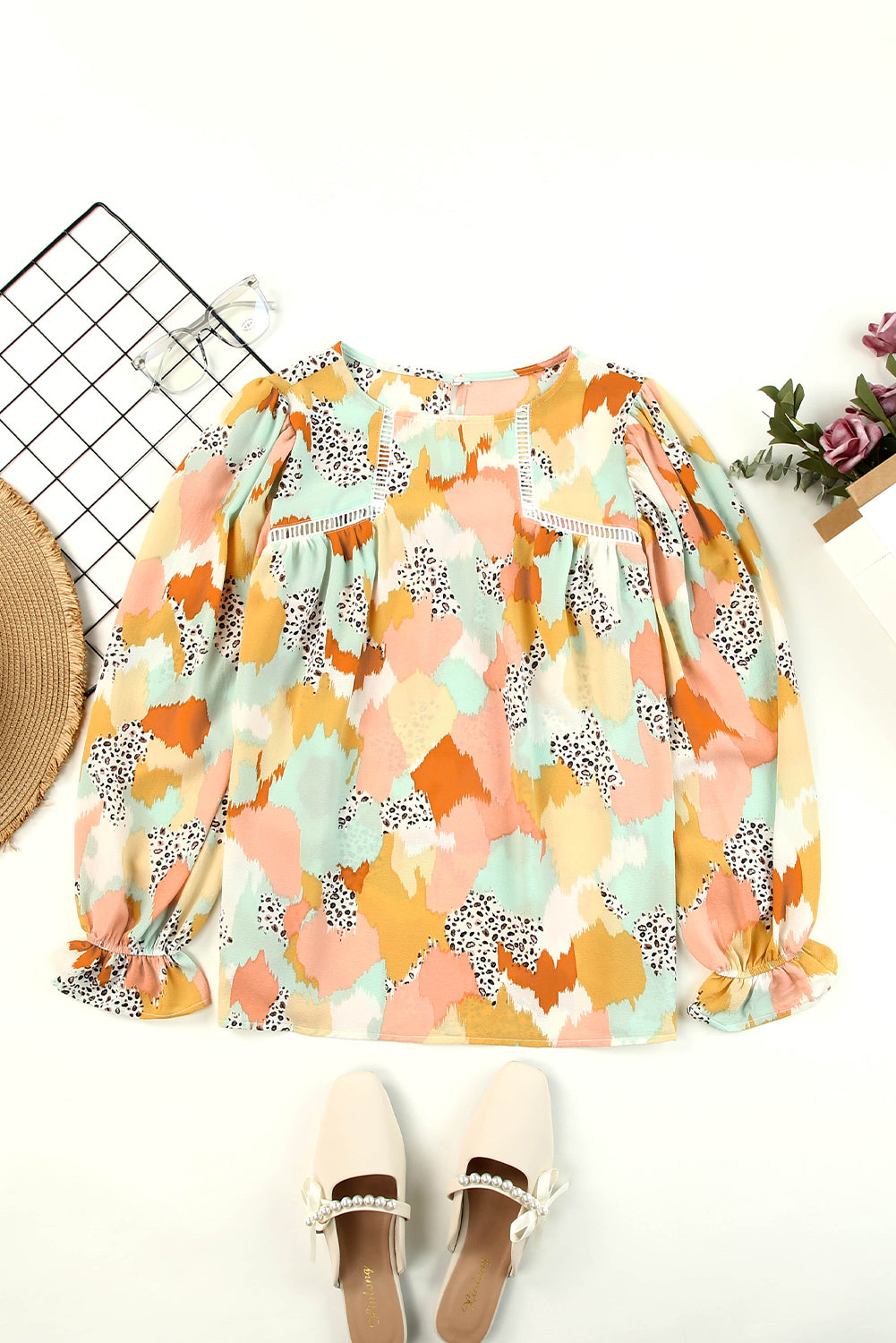 Multicolor Abstract Print Ruffle Puff Sleeve Blouse