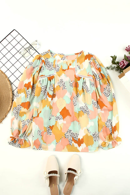 Multicolor Abstract Print Ruffle Puff Sleeve Blouse