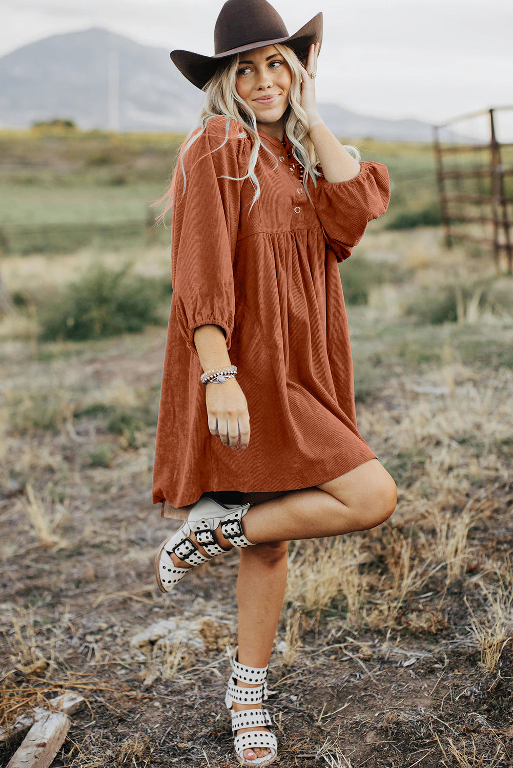 Vineyard Green Snap Button Empire Waist Lantern Sleeve Corduroy Dress
