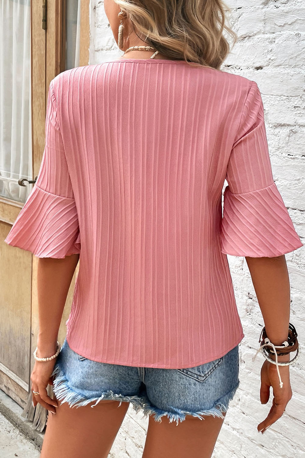 Peach Blossom Textured V-Neck Plus Blouse