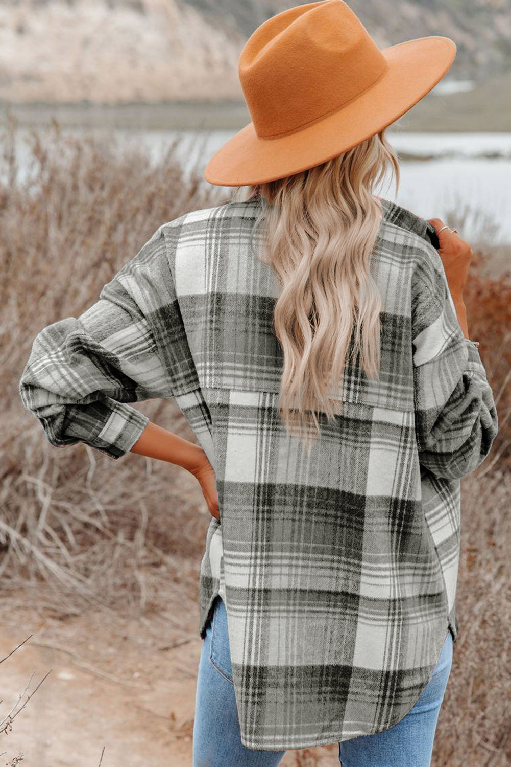 Pink and Grey Plaid Button Up Collar Flannel Shacket
