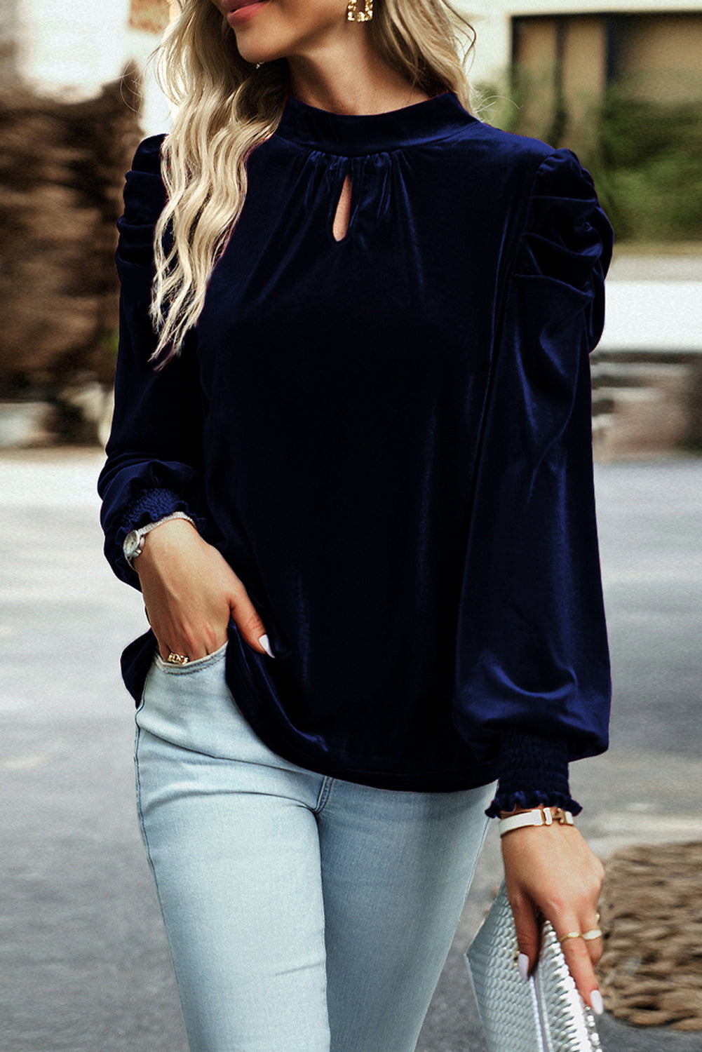 Peach Blossom Mock Keyhole Neck Puff Sleeve Velvet Blouse
