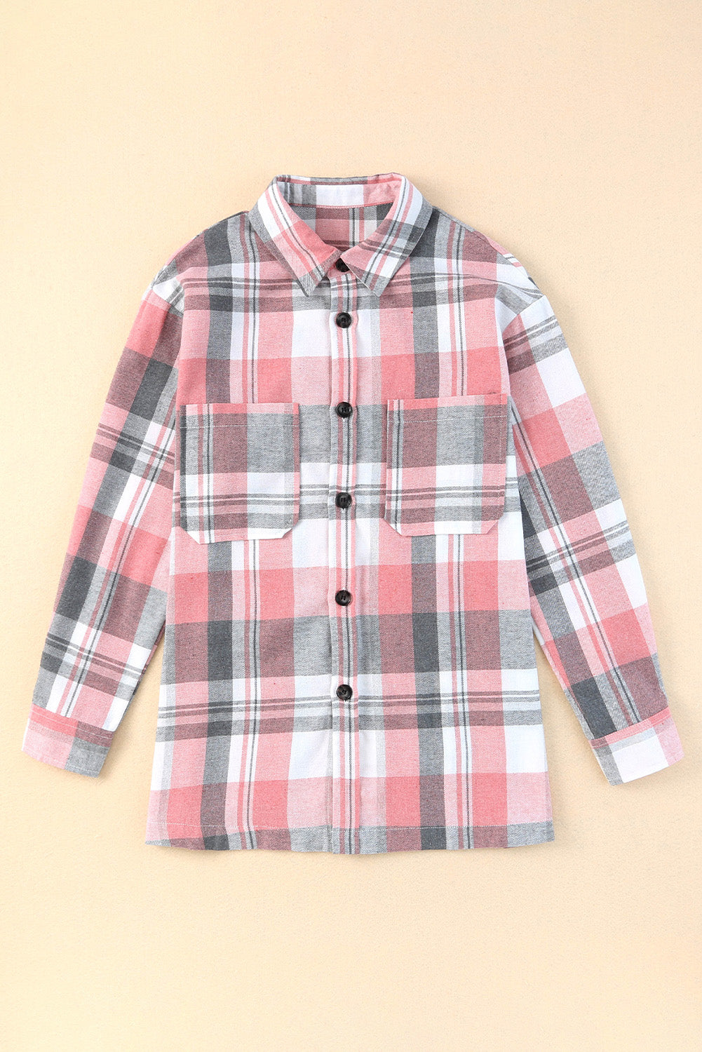 Pink Long Sleeve Collar Button Up Flannel Shacket