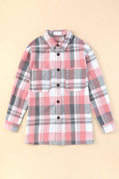Pink Long Sleeve Collar Button Up Flannel Shacket