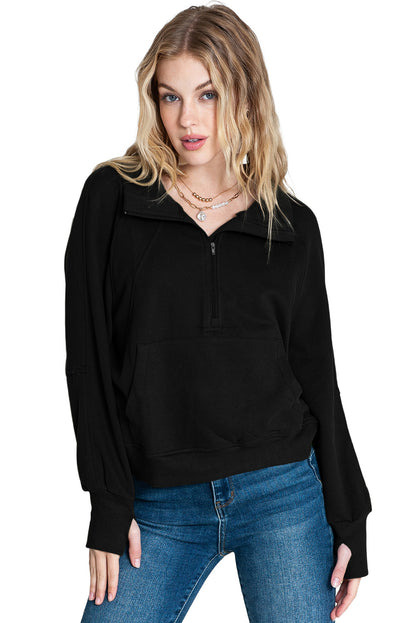 Brown Stand Collar Thumbhole Sleeve Sweatshirt