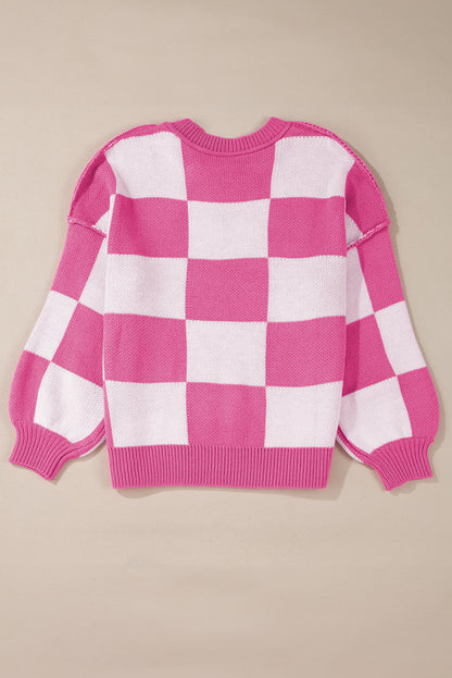 Pink Checked Bishop Sleeve Pullover Sweater