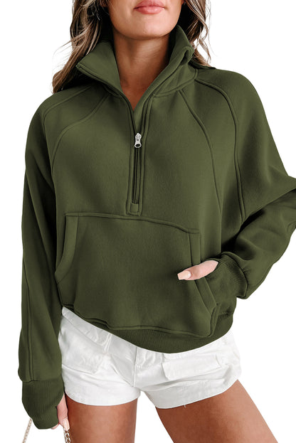 Brown Stand Collar Thumbhole Sleeve Sweatshirt