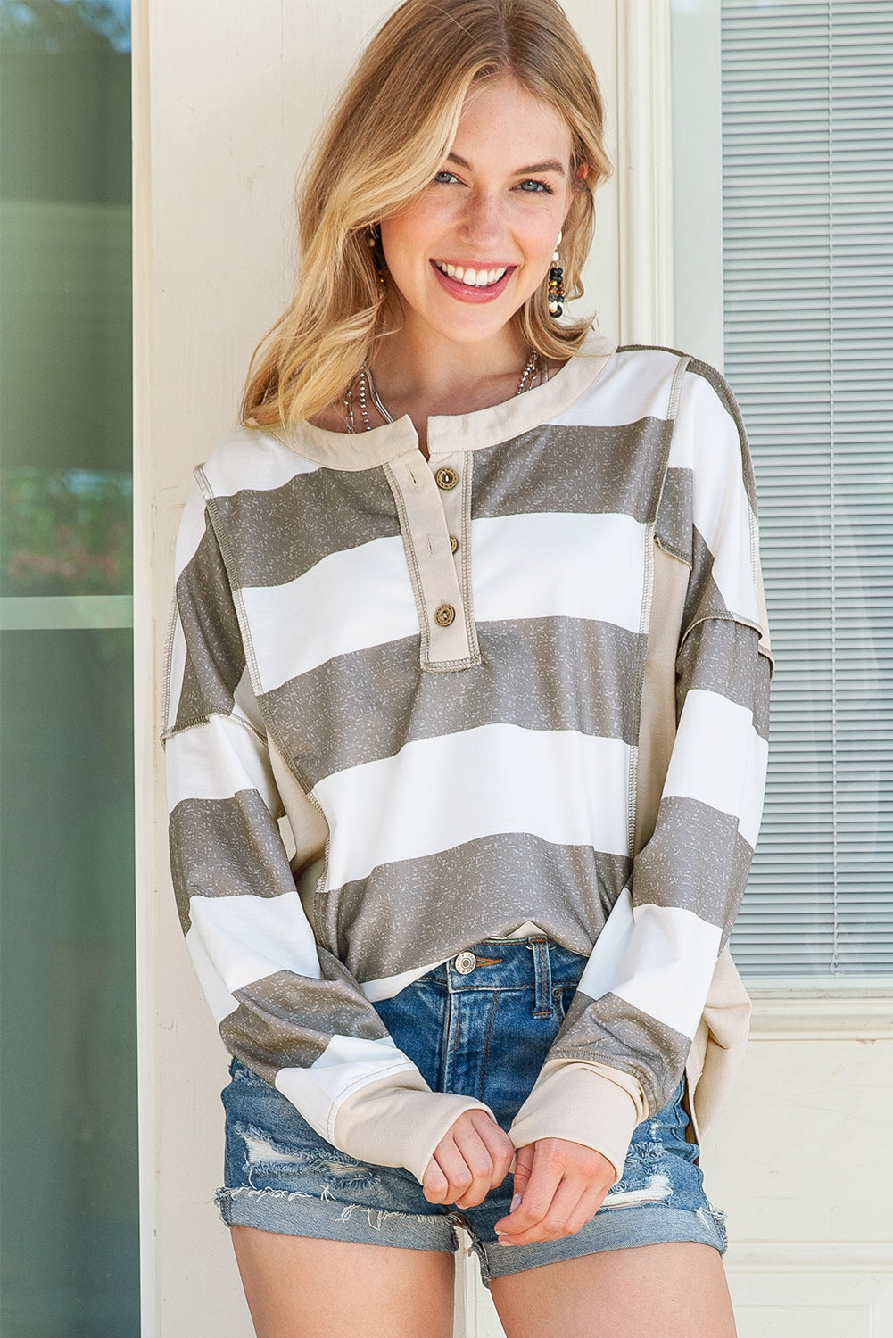 Multicolor Stripes Print Long Sleeve Henley Shirt