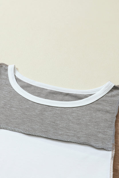 Khaki Color Block Exposed Seam Long Sleeve T Shirt
