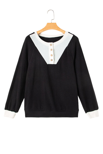 Jet Stream Contrast Ribbed Loose Fit Henley Top