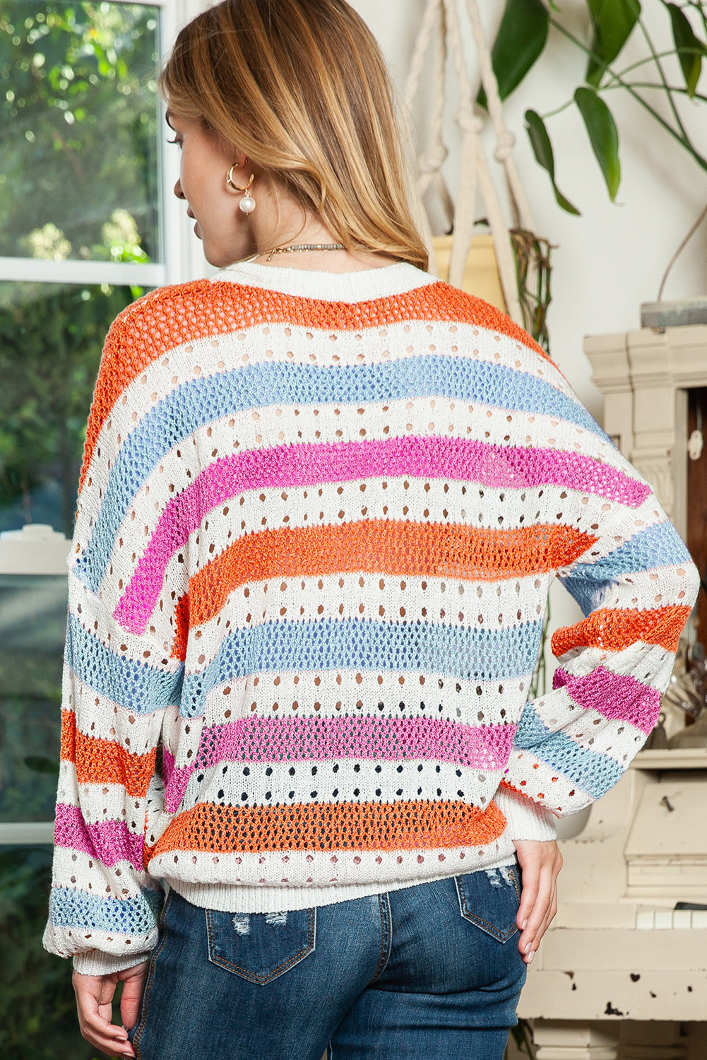 Multicolor Striped Hollowed Knitted Loose Sweater