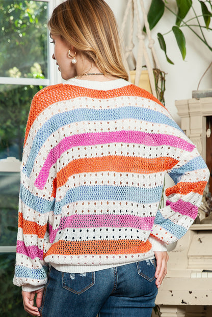 Multicolor Striped Hollowed Knitted Loose Sweater