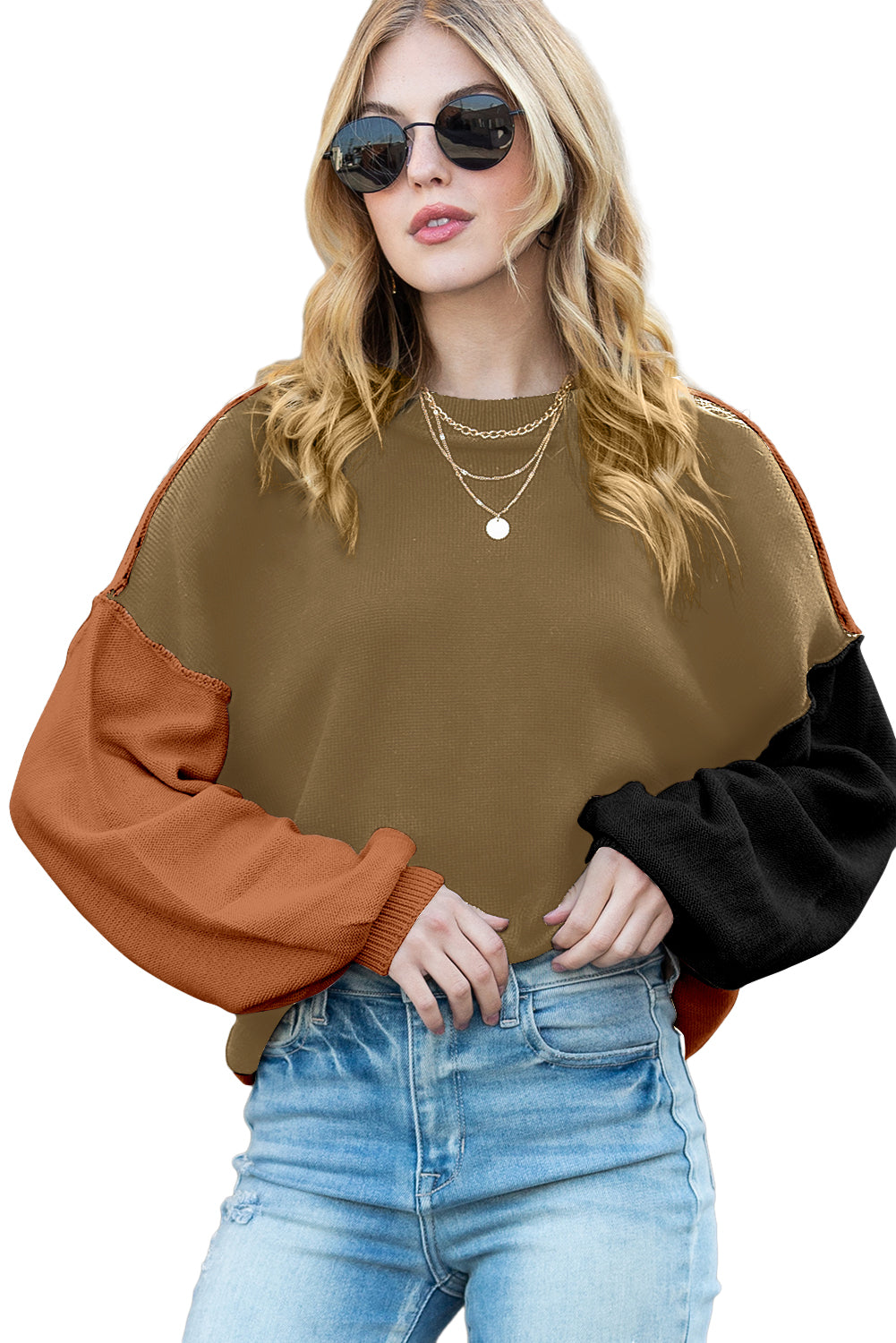 Brown Colorblock Bishop Sleeve Exposed Seam Ribbed Trim Sweater