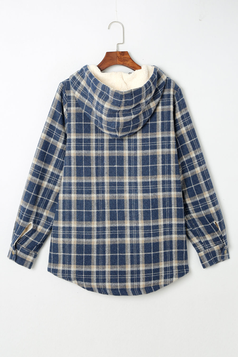 Blue Snap Button Sherpa Lined Hooded Flannel Jacket
