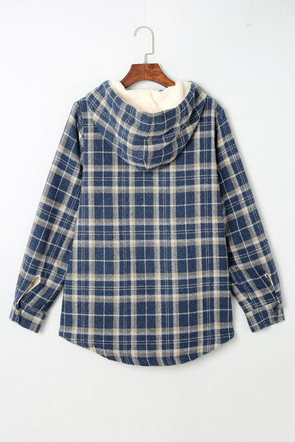 Blue Snap Button Sherpa Lined Hooded Flannel Jacket