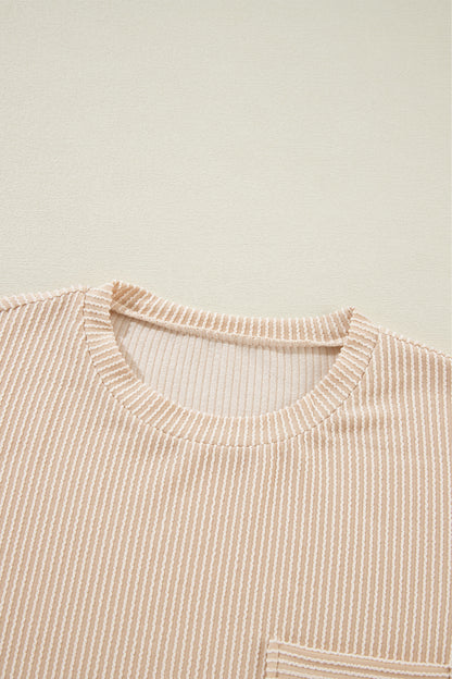Pink Crinkle Rib Knit Pocketed Loose Fit Crew Neck T Shirt