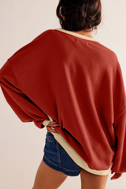 Red Clay Color Block Drop Shoulder Crewneck Oversized Sweatshirt