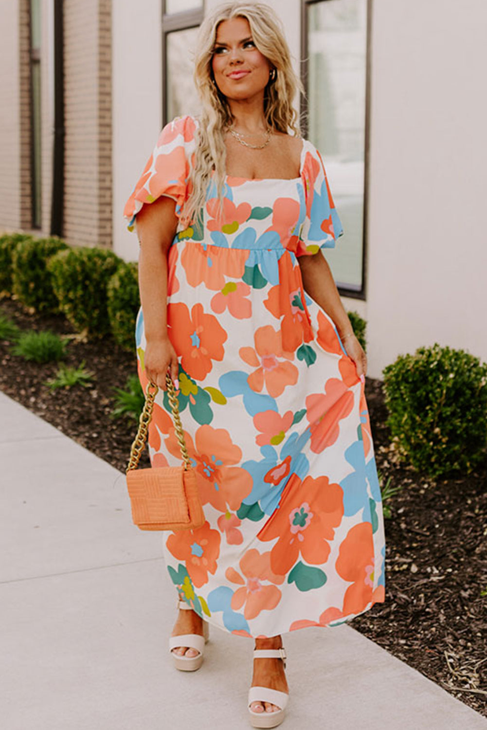 Orange Plus Size Floral Print Square Neck Maxi