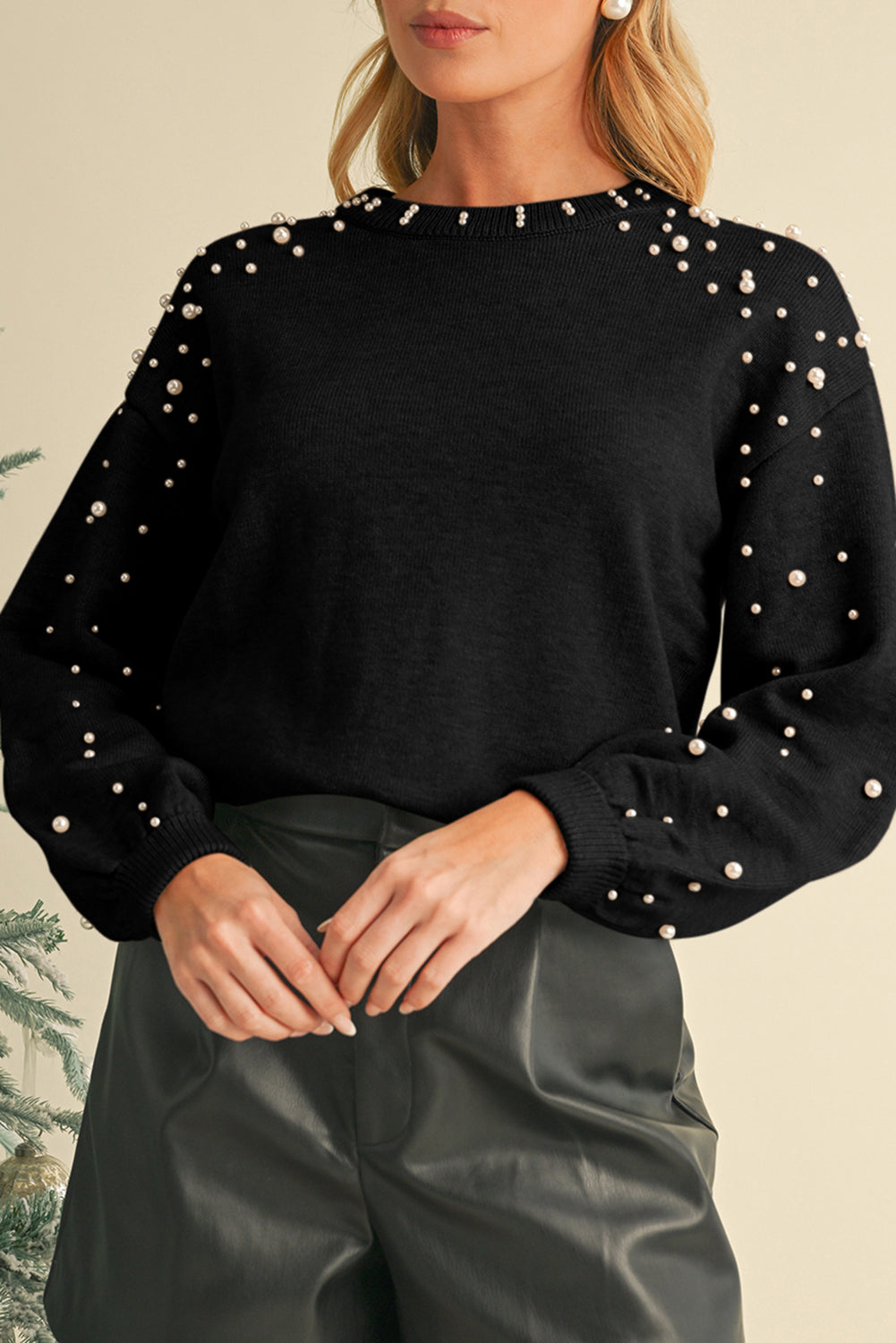 Evergreen Pearl Drop Shoulder Round Neck Sweater