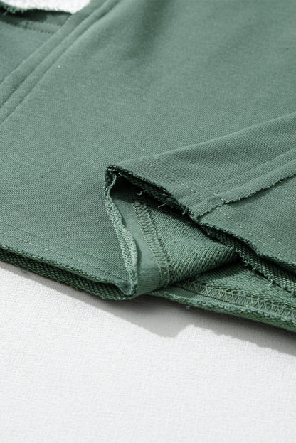 Black Textured Splicing Sleeve Raw Hem Hoodie