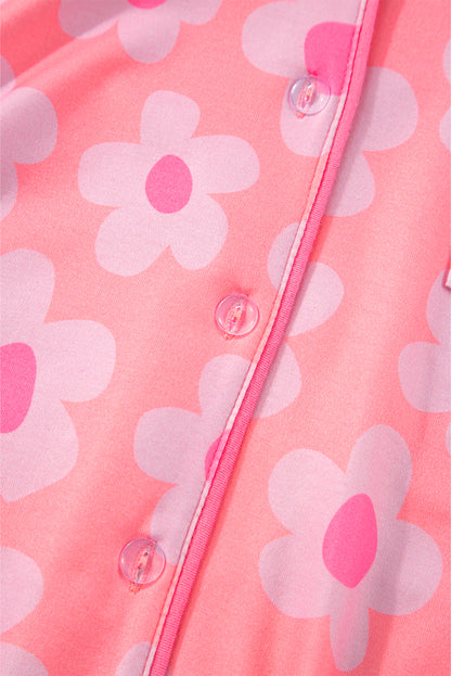 Orange Flower Print Buttoned Shirt and Drawstring Waist Pajama Set