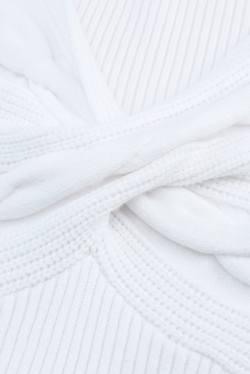 White Basic Cable Crossed V Neck Sweater
