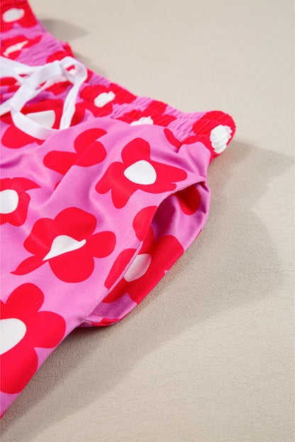 Orange Flower Print Buttoned Shirt and Drawstring Waist Pajama Set