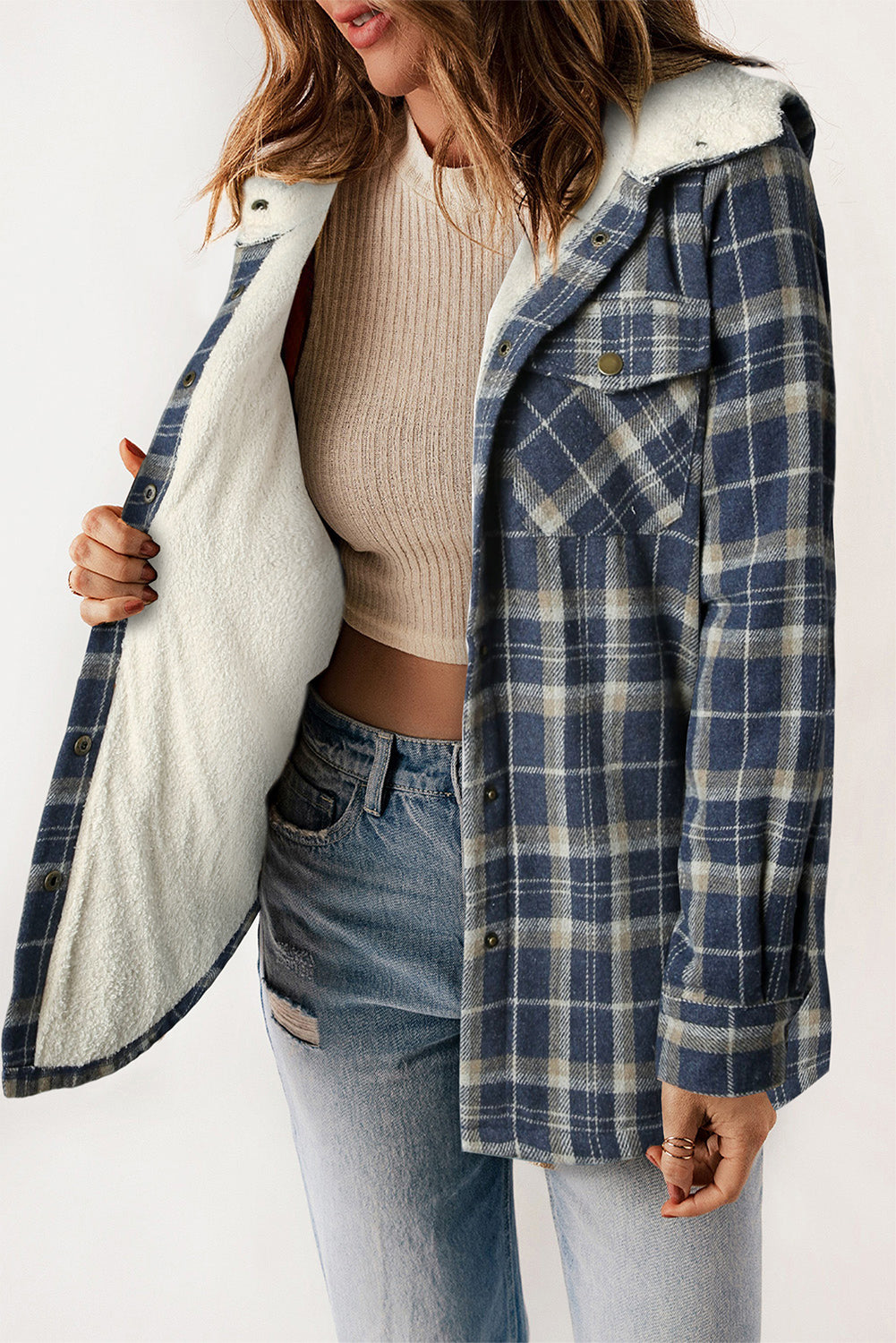 Blue Snap Button Sherpa Lined Hooded Flannel Jacket