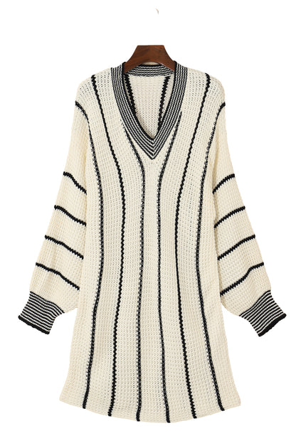 White Contrast V Neck Loose Tunic Sweater