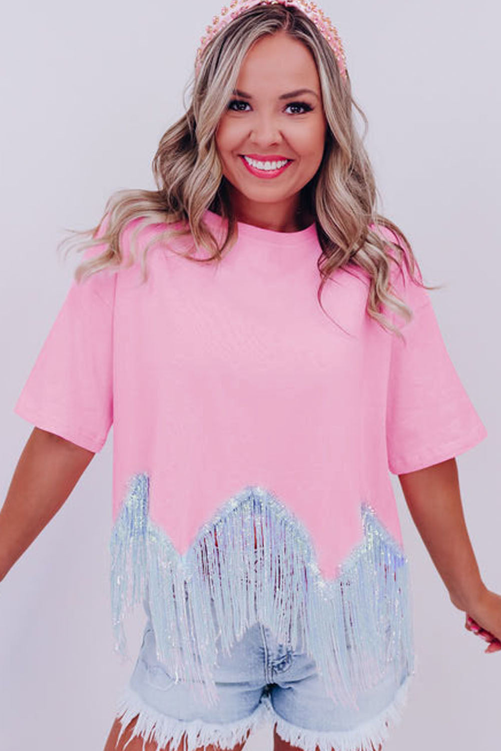 Pink Casual Fringe Sequin Hem Cropped T Shirt
