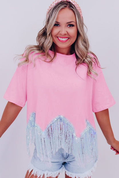 Pink Casual Fringe Sequin Hem Cropped T Shirt