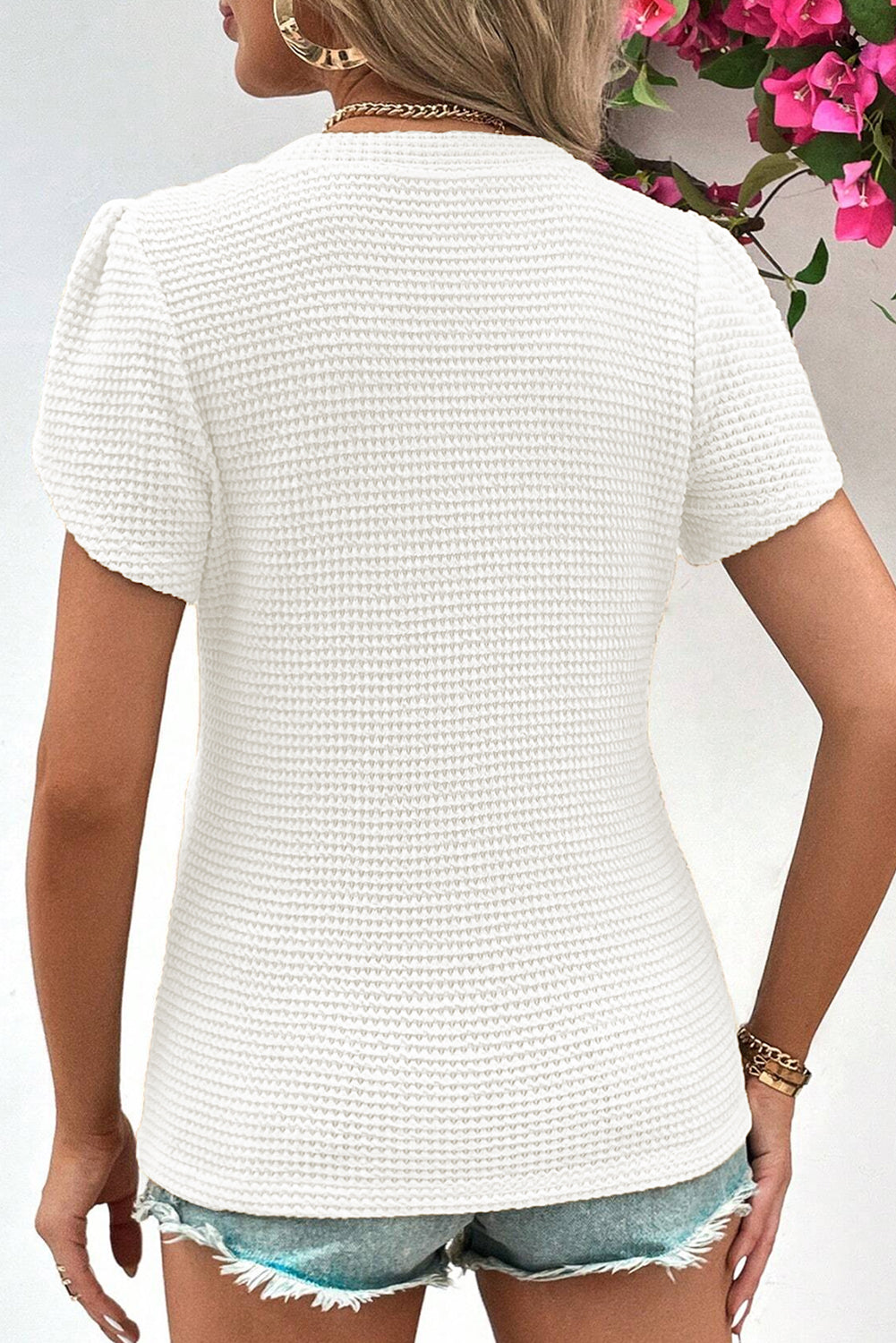 Mist Green Petal Sleeve Waffle Knit V Neck T-Shirt