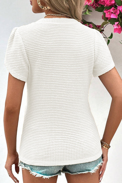 Mist Green Petal Sleeve Waffle Knit V Neck T-Shirt
