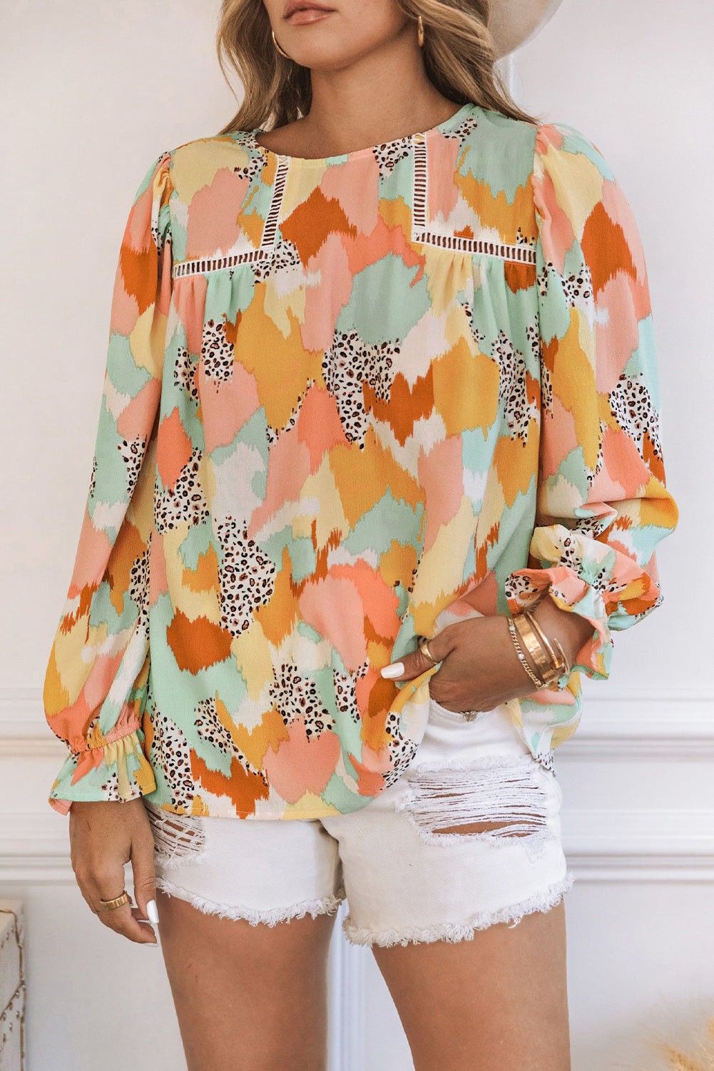 Multicolor Abstract Print Ruffle Puff Sleeve Blouse