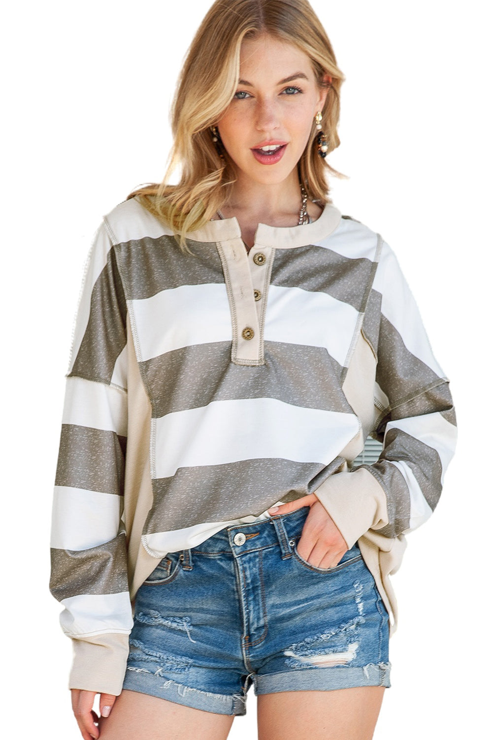 Multicolor Stripes Print Long Sleeve Henley Shirt