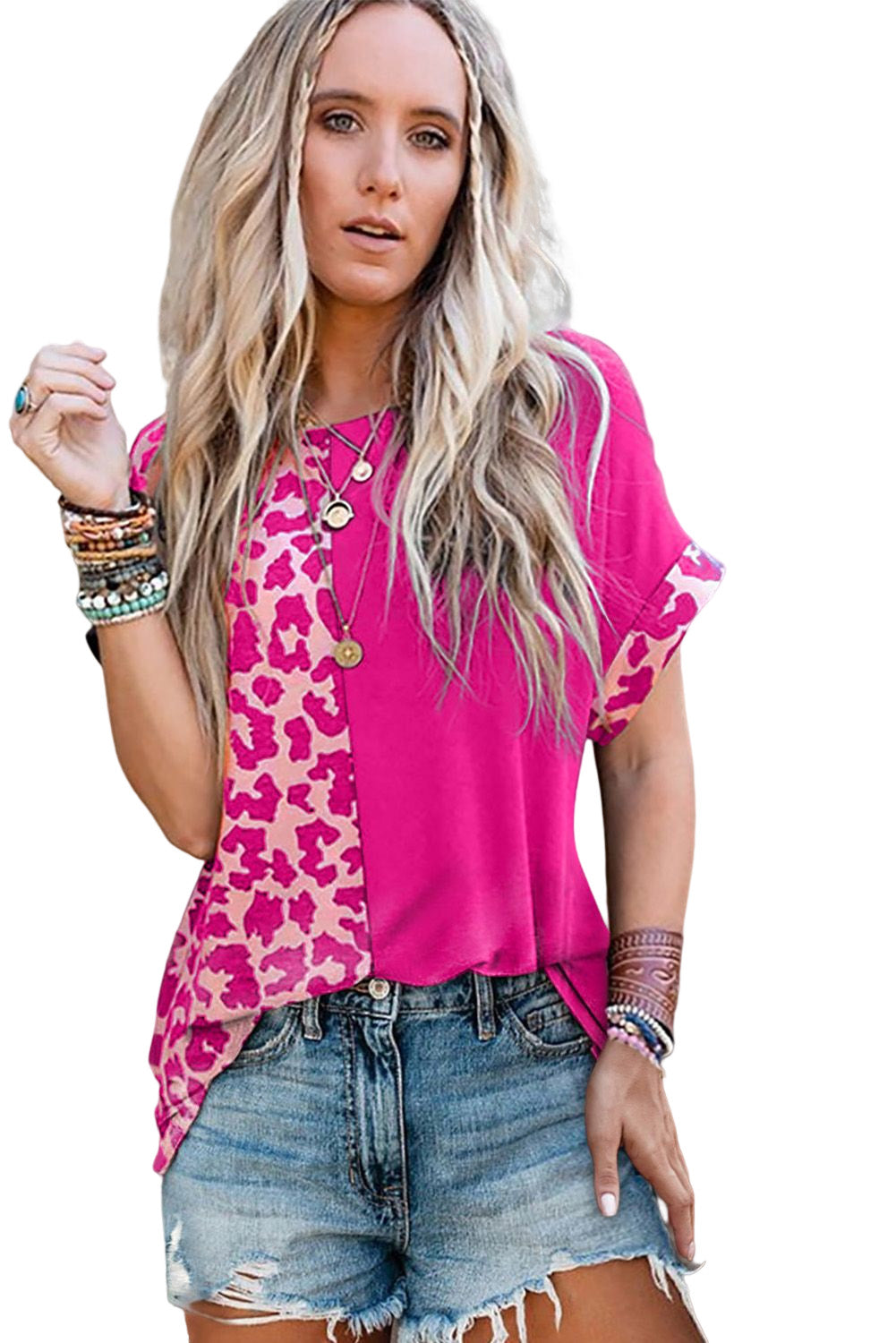 Leopard Color Block Casual Tee with Rolled Sleeves