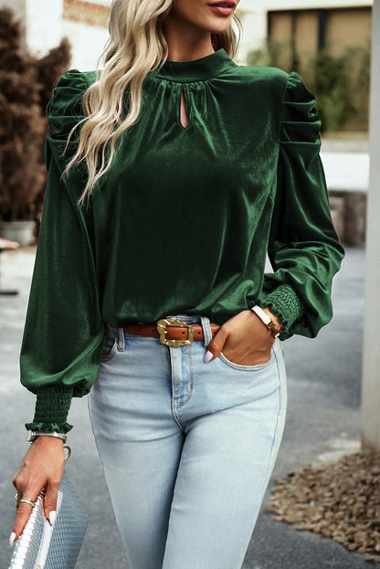 Peach Blossom Mock Keyhole Neck Puff Sleeve Velvet Blouse