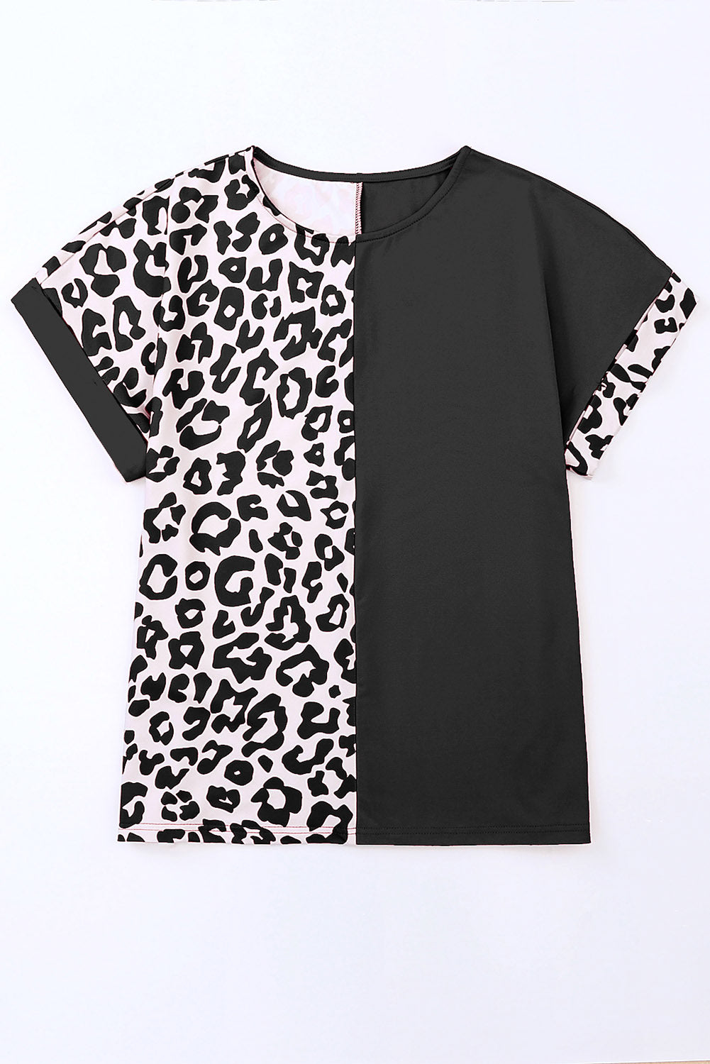 Leopard Color Block Casual Tee with Rolled Sleeves