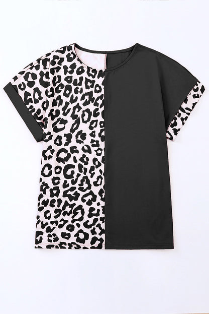 Leopard Color Block Casual Tee with Rolled Sleeves