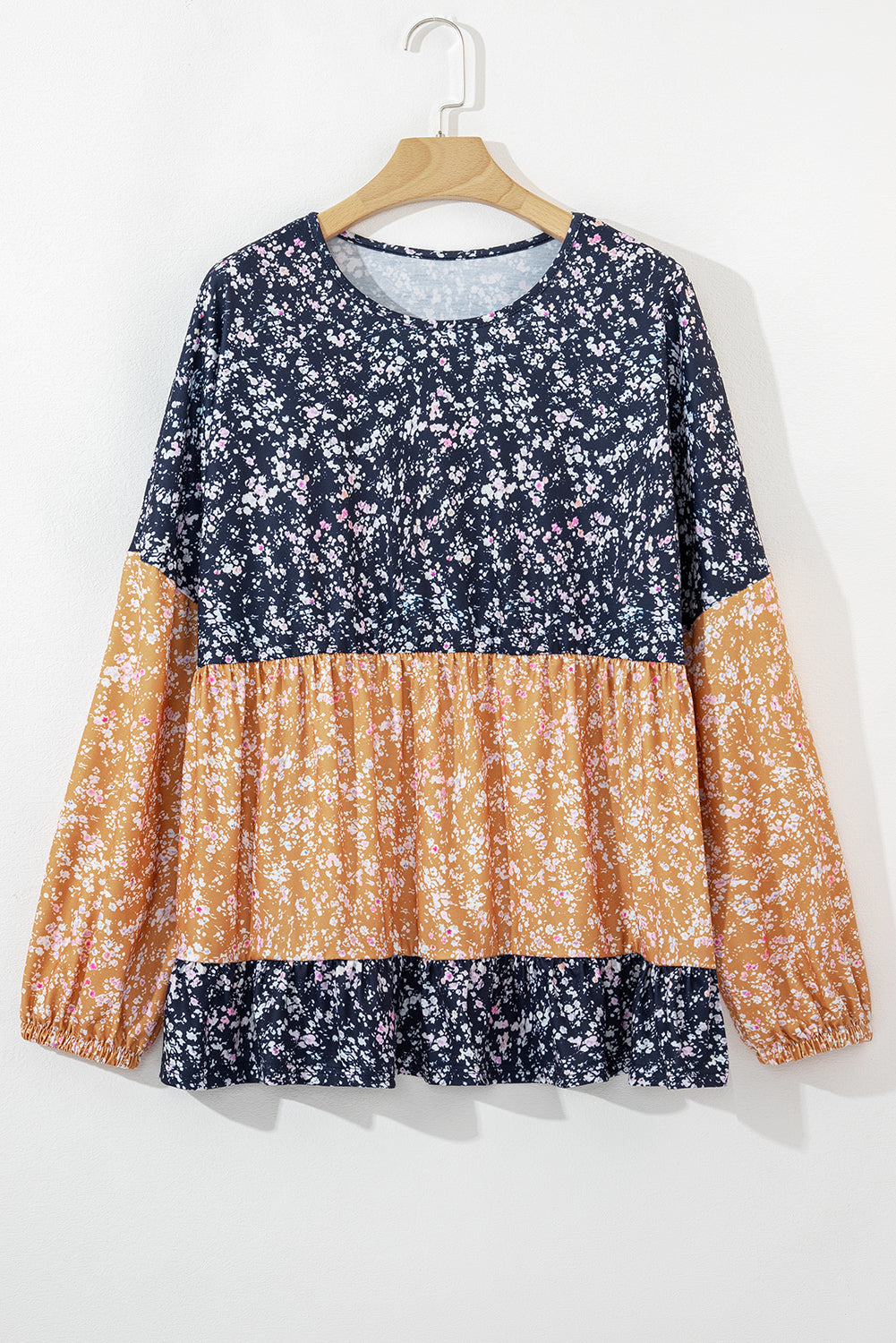 Orange Ditsy Floral Color Block Ruffle Hem Long Sleeve Top