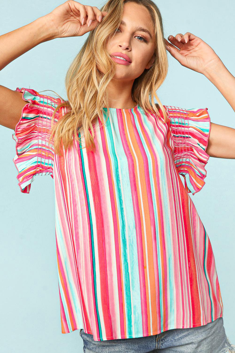 Multicolor Striped Summer Top Ruffle Sleeve Blouse for Women